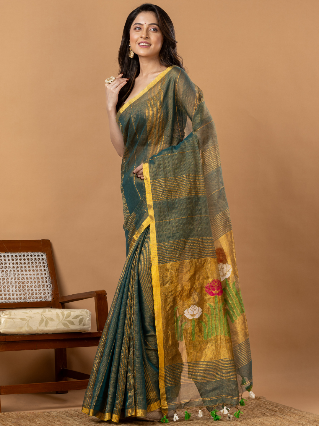 Handwoven Jamdani Silk Tissue Linen Saree | Deep Teal