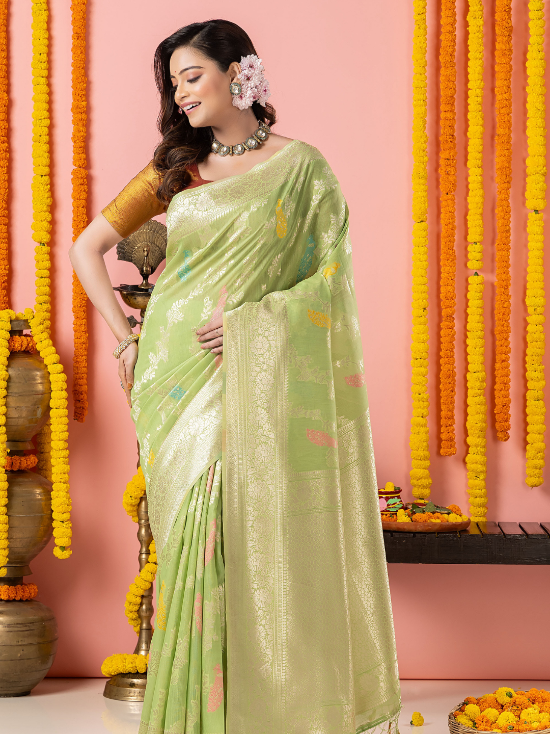 Classic Benarasi Katan Semi Silk Saree | Pale Green