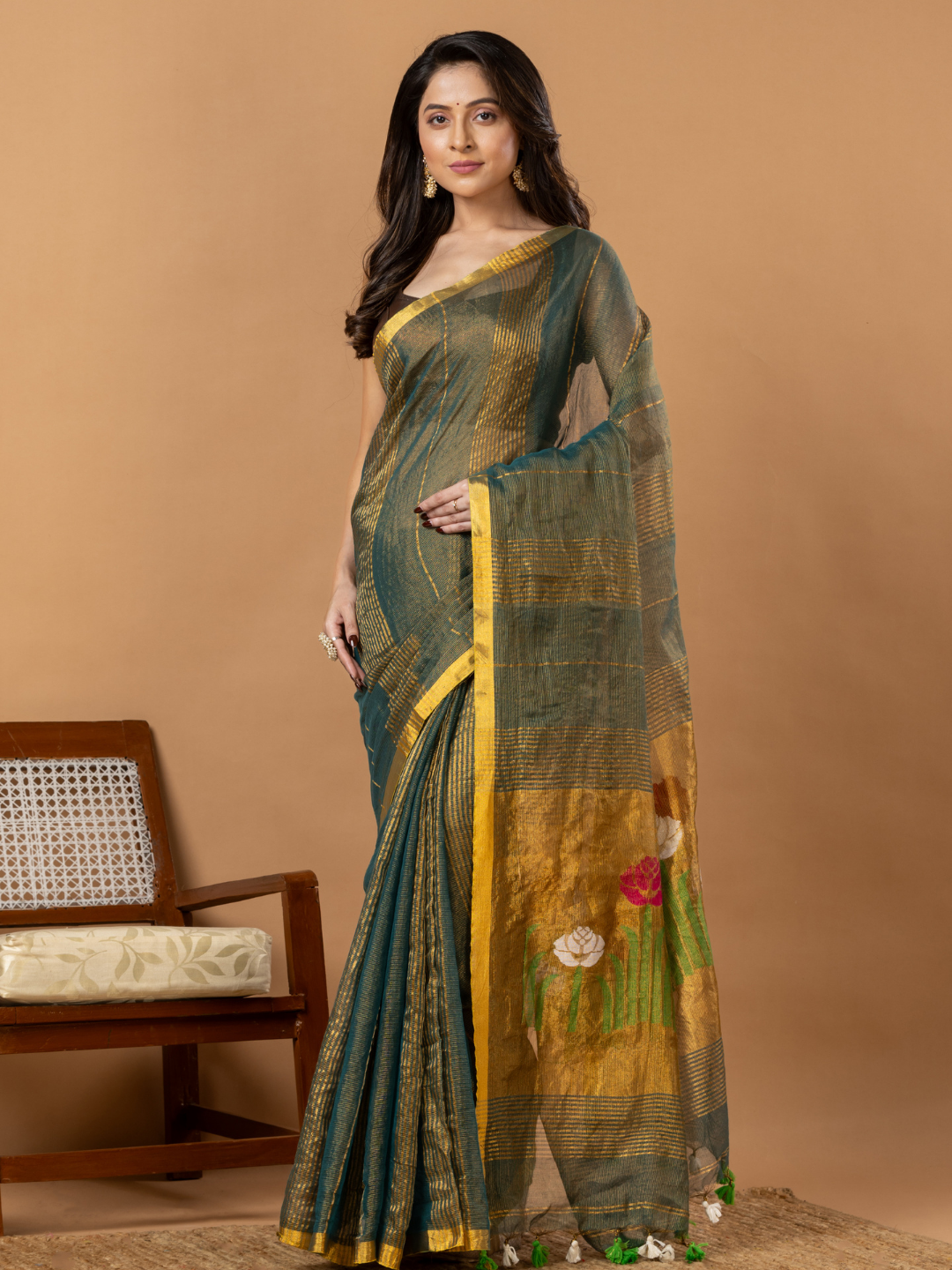 Handwoven Jamdani Silk Tissue Linen Saree | Deep Teal