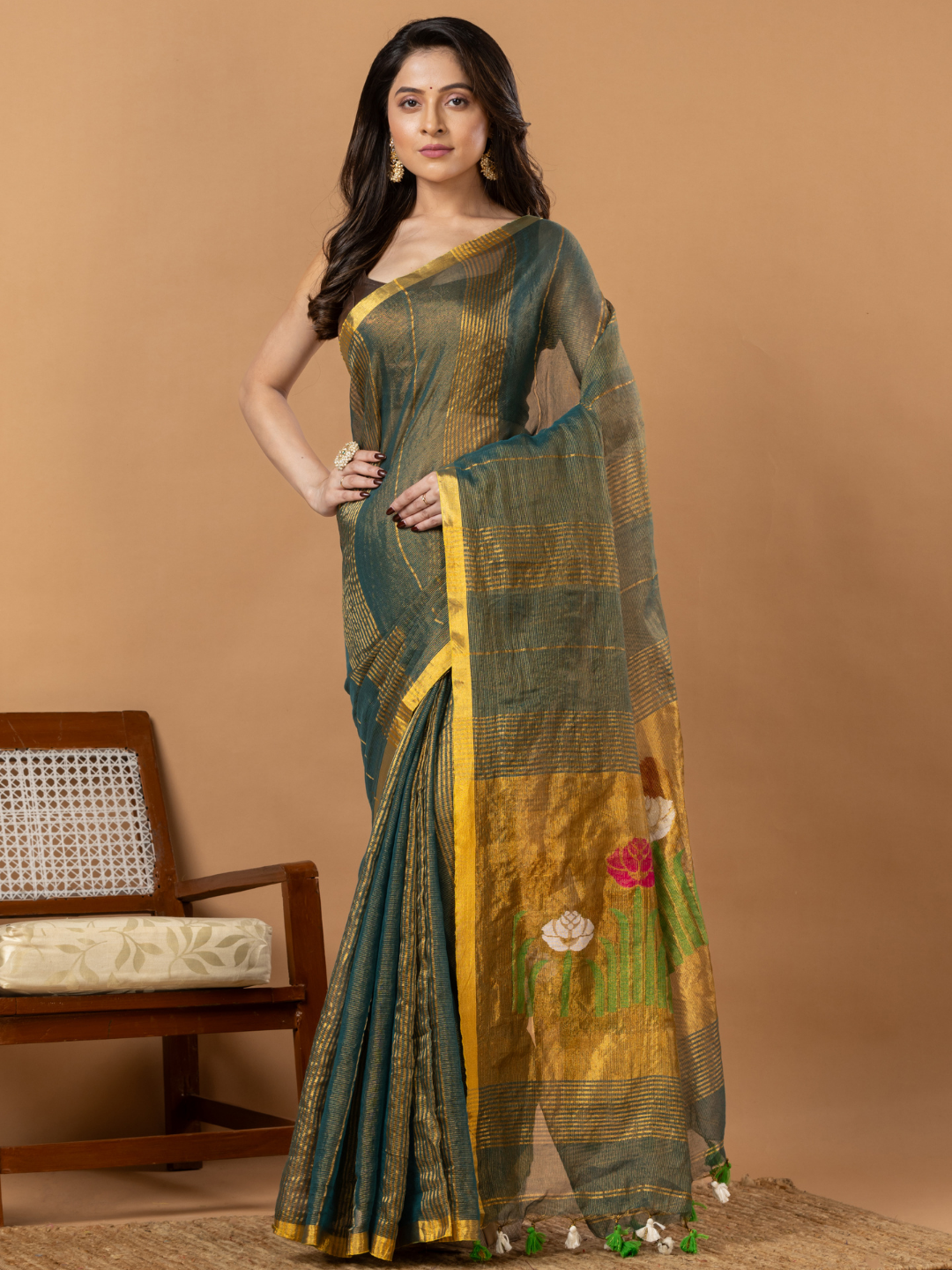 Handwoven Jamdani Silk Tissue Linen Saree | Deep Teal