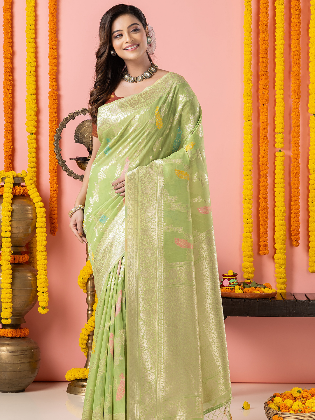 Classic Benarasi Katan Semi Silk Saree | Pale Green