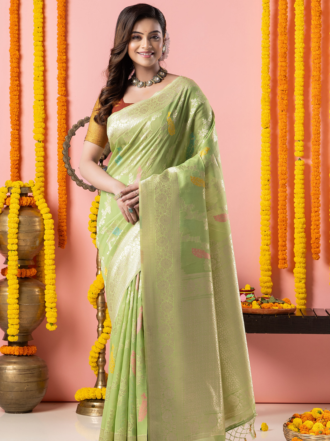 Classic Benarasi Katan Semi Silk Saree | Pale Green