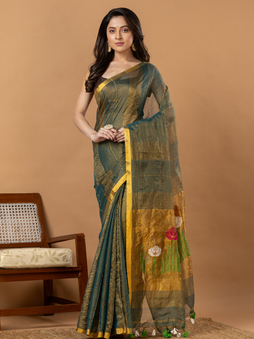 Handwoven Jamdani Silk Tissue Linen Saree | Deep Teal