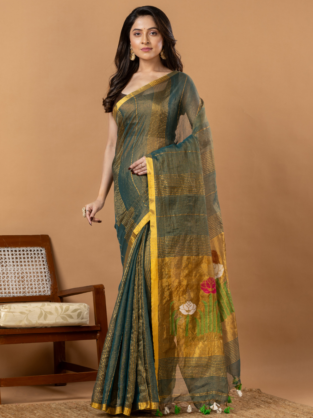 Handwoven Jamdani Silk Tissue Linen Saree | Deep Teal