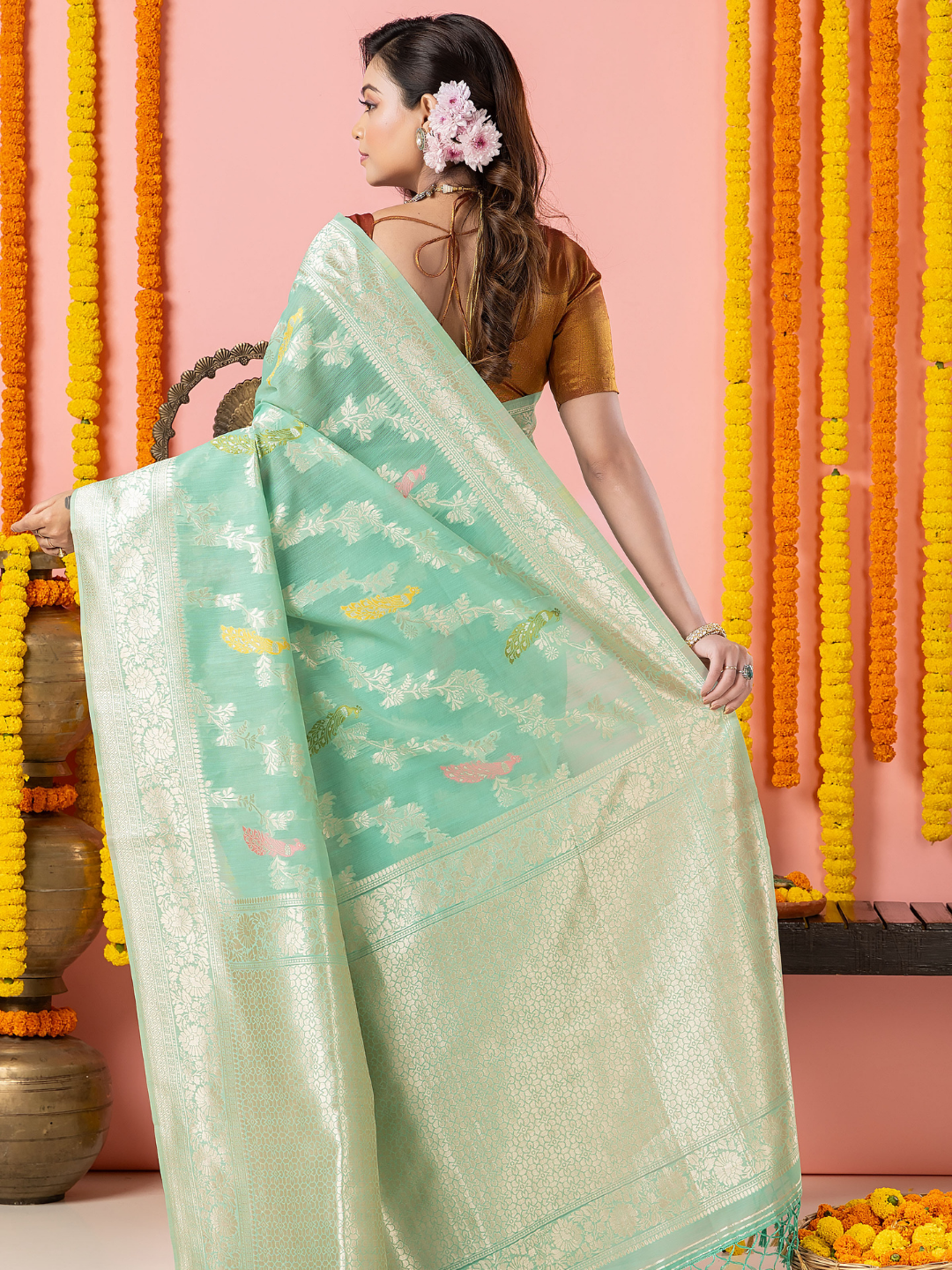 Classic Benarasi Katan Semi Silk Saree | Mint Green