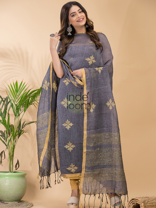 Silver White  Linen X Linen 2-Piece Set Kurti & Dupatta (UNSTITCHED) -094