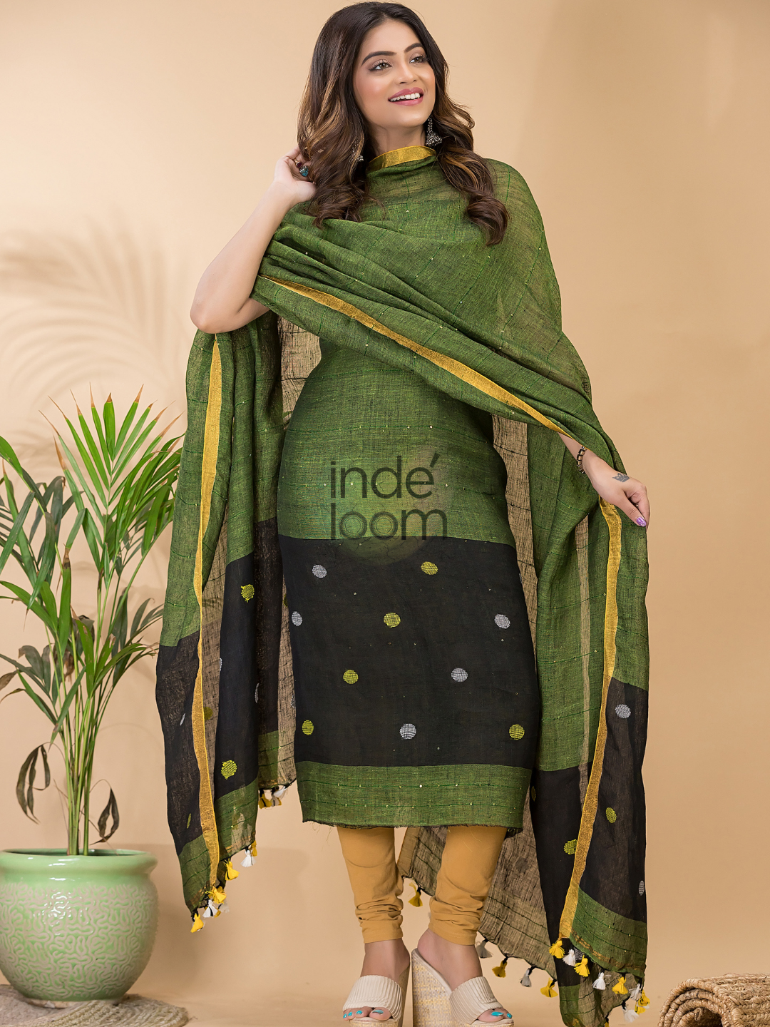 Leaf Green Linen X Linen 2-Piece Set Kurti & Dupatta (UNSTITCHED) -095