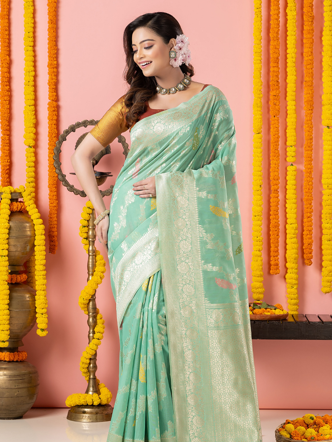 Classic Benarasi Katan Semi Silk Saree | Mint Green