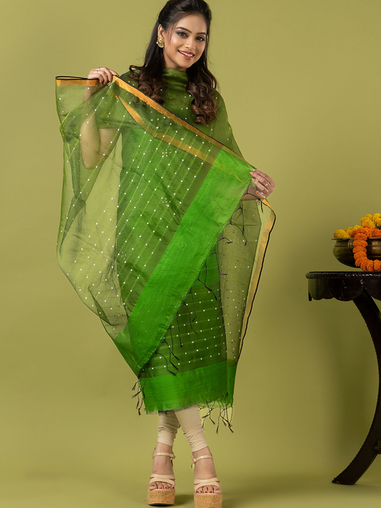 Handwoven Jamdani Muslin Unstitched 2-piece Kurti | Lime Green