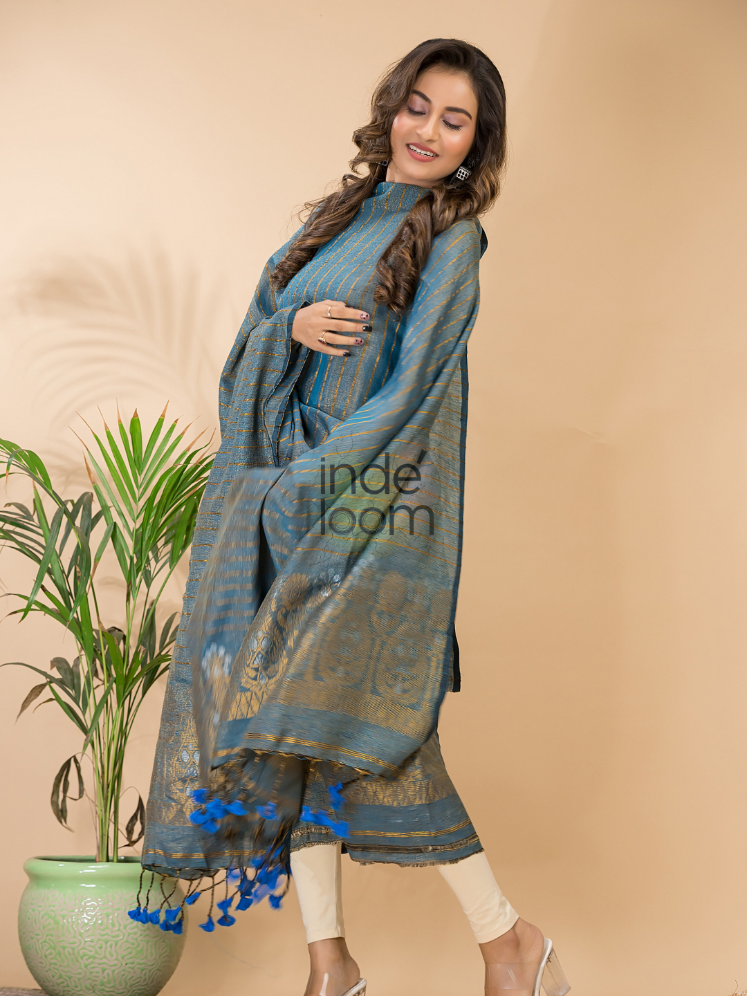 Space Blue Organic Linen 2-Piece Set Kurti & Dupatta (UNSTITCHED) - 0792