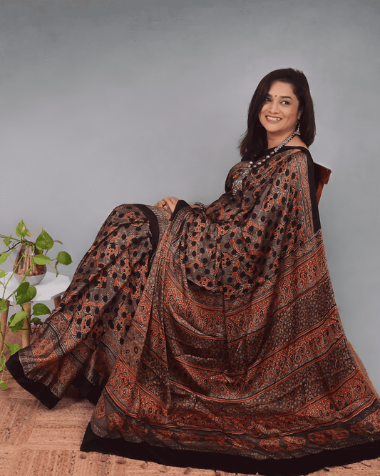 Ajrakh Exclusive Designer Modal Silk in Brick Red and Black - 042 - indeloom