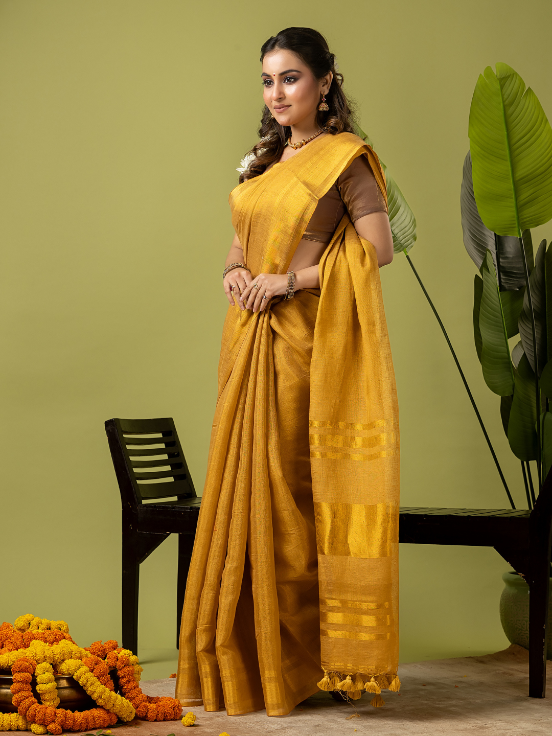 Pure Handloom Linen Saree | Golden Yellow  and Yellow  | Half and Half style with Contrast Border
