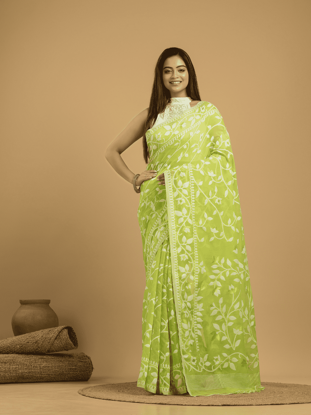 Cotton Silk Jamdani Saree With Pear green - 007