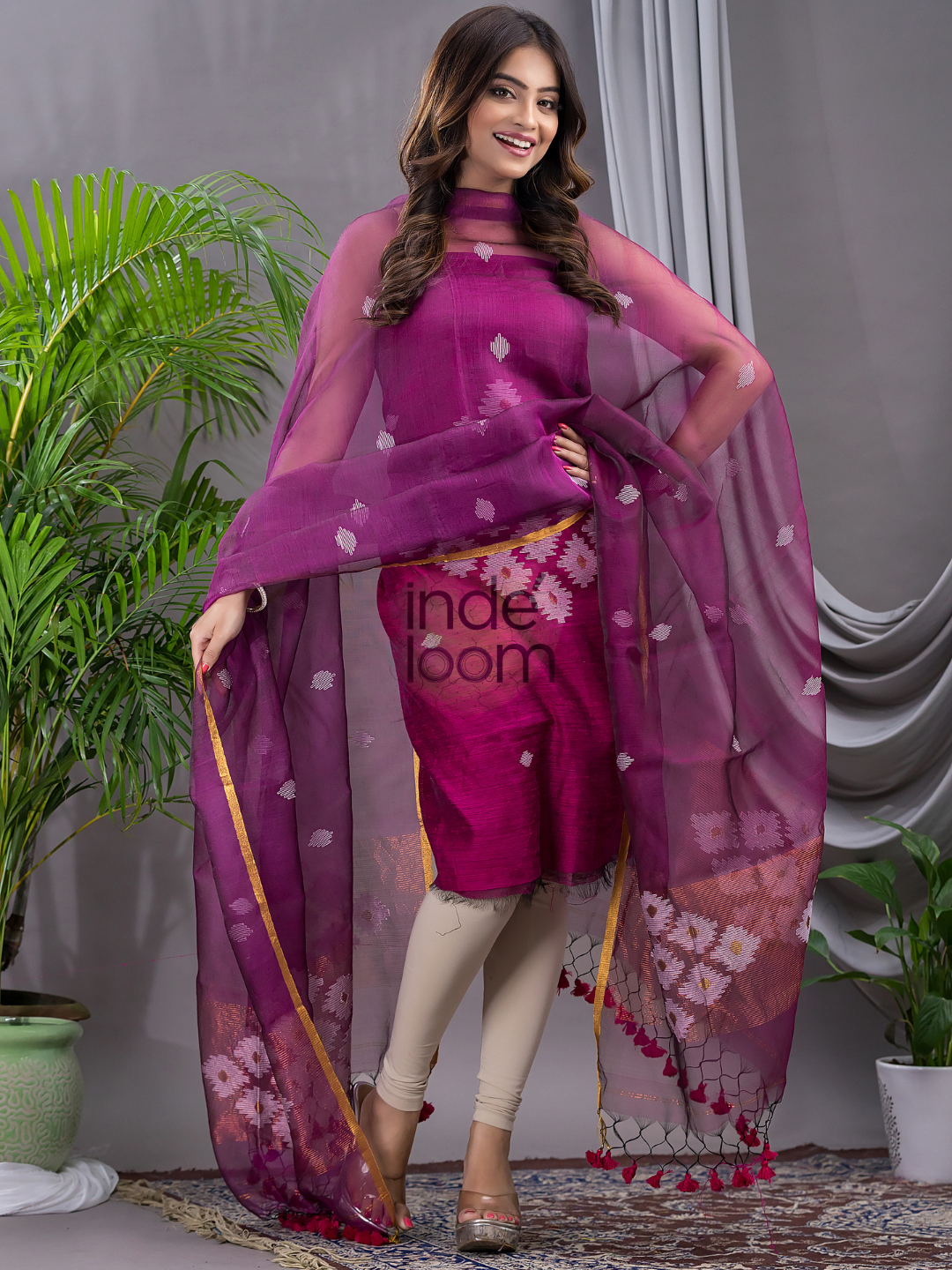 Orchid Purple Matka Jamdani 2-Piece Set Kurti & Dupatta (UNSTITCHED) - 107