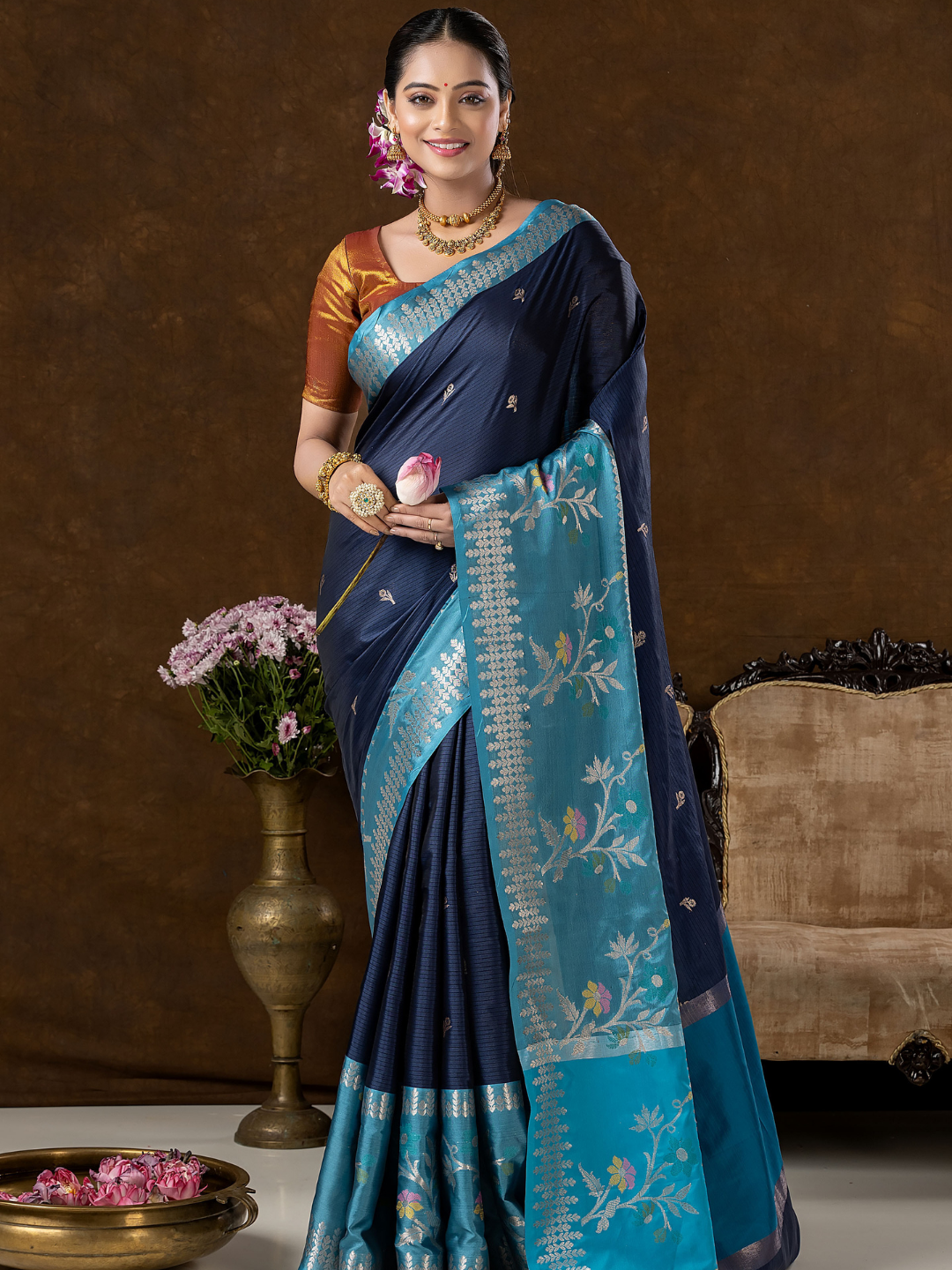 Classic Benarasi Semi Silk Saree | Deep Navy Blue