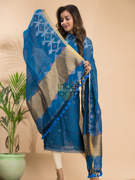 Royal Blue Linen X Line 2-Piece Set Kurti & Dupatta (UNSTITCHED) - 007