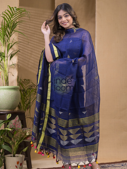 Handwoven Jamdani Linen Unstitched 2-piece Kurti  |  Sapphire Blue