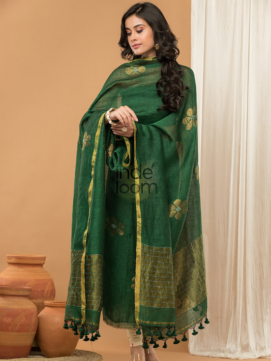 Pine Green Linen 2-Piece Set Kurti & Dupatta (UNSTITCHED) - 144