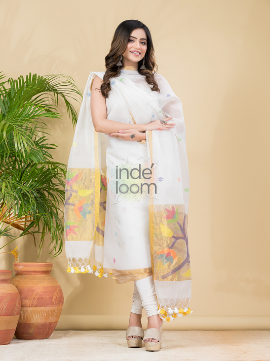 Lace White Sequin Paithani Jamdani 2-Piece Set Kurti & Dupatta (UNSTITCHED) -899