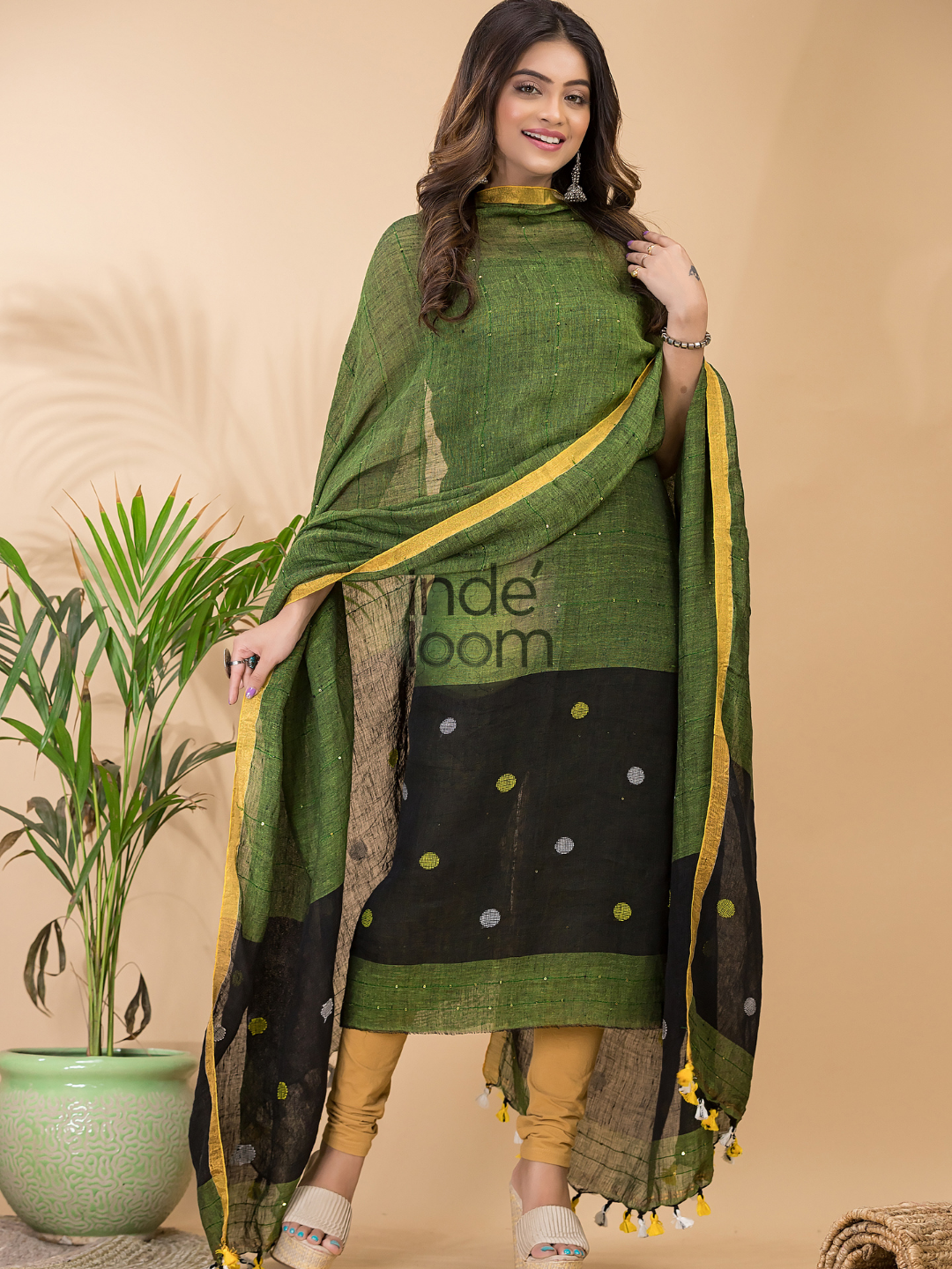 Leaf Green Linen X Linen 2-Piece Set Kurti & Dupatta (UNSTITCHED) -095