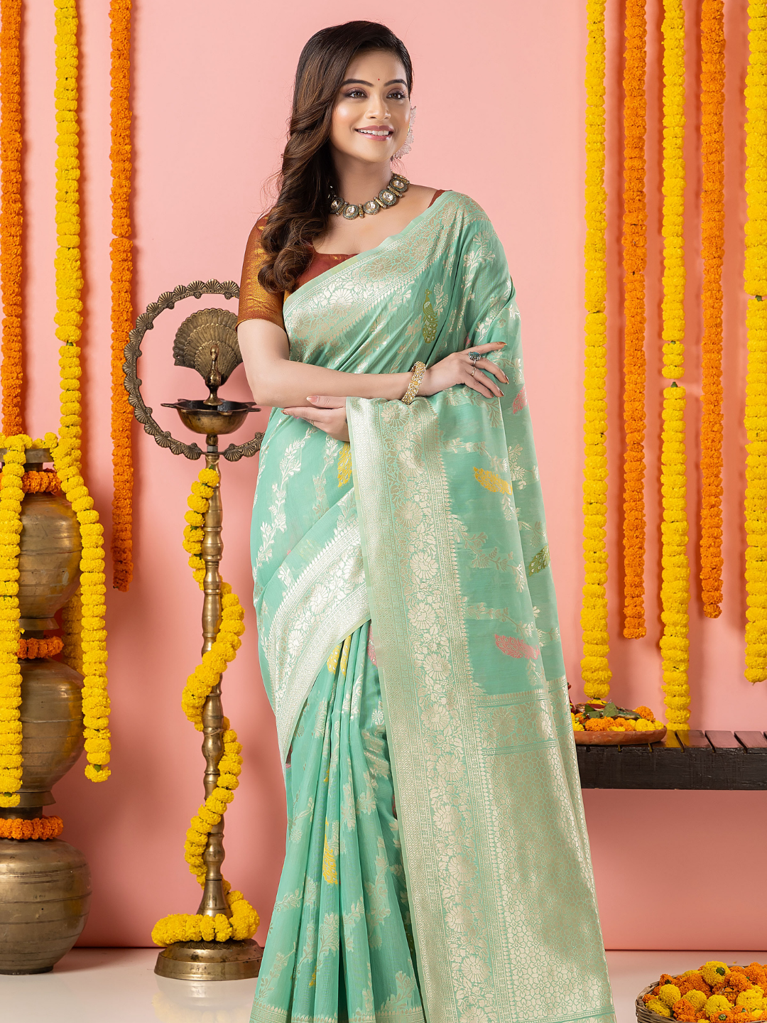 Classic Benarasi Katan Semi Silk Saree | Mint Green