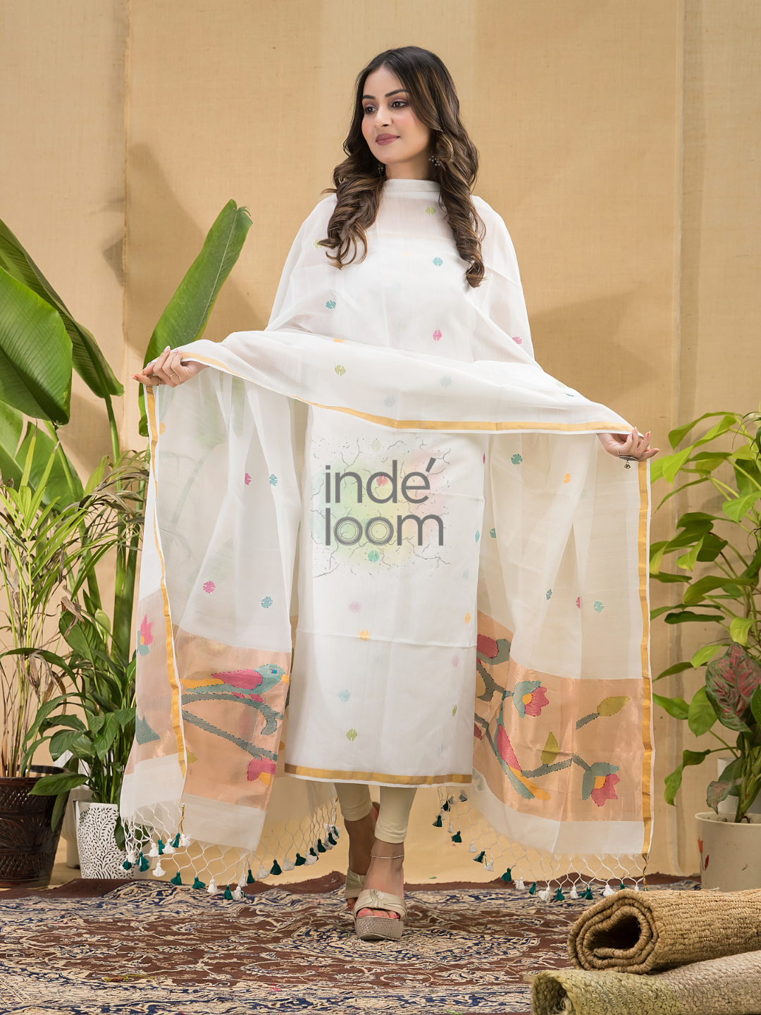 Cotton White Jamdani 2-Piece Set Kurti & Dupatta (UNSTITCHED) -790