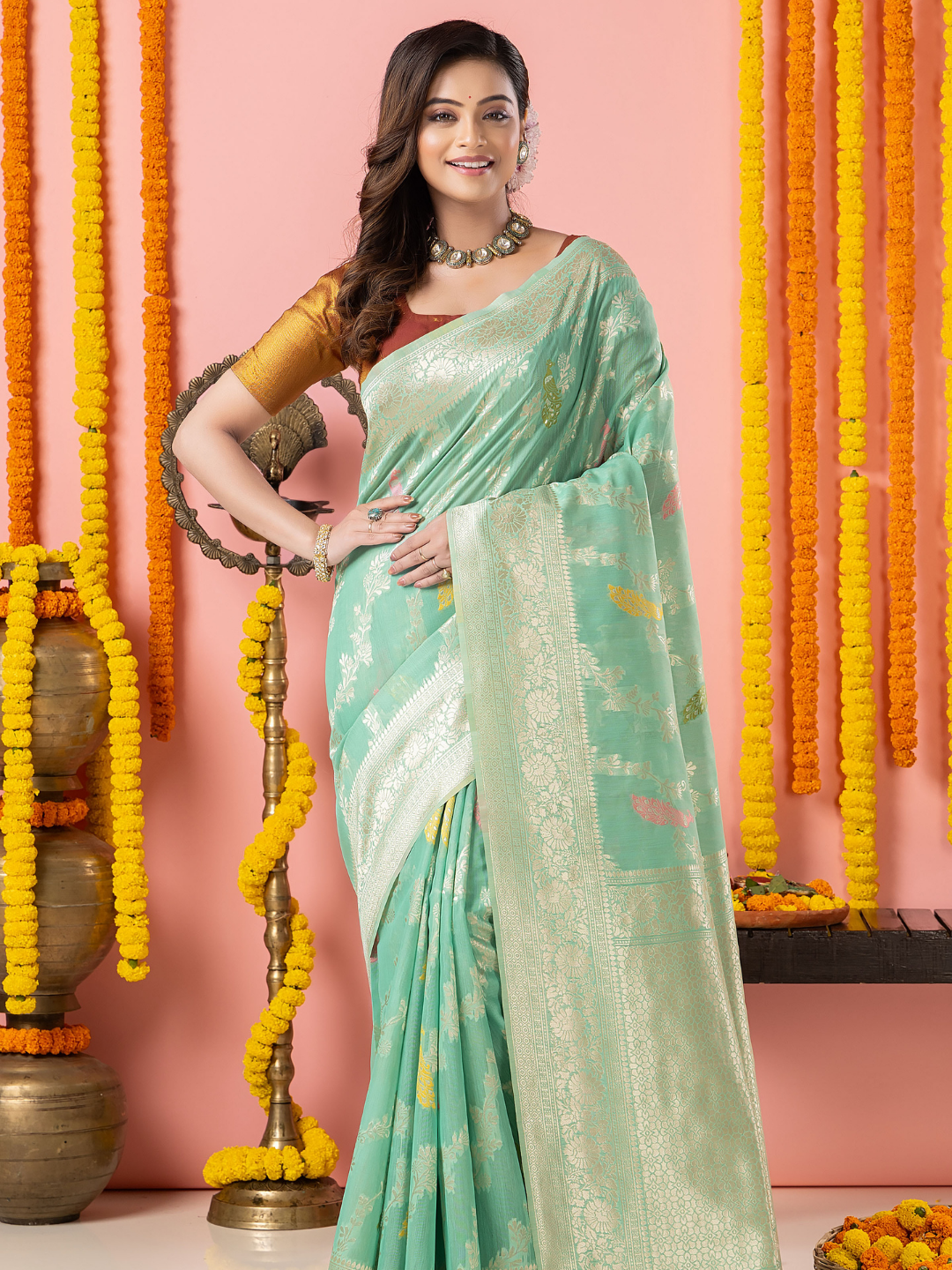 Classic Benarasi Katan Semi Silk Saree | Mint Green