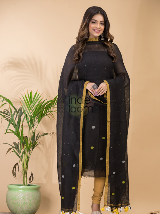 Off Black Linen X Linen 2-Piece Set Kurti & Dupatta (UNSTITCHED) -096
