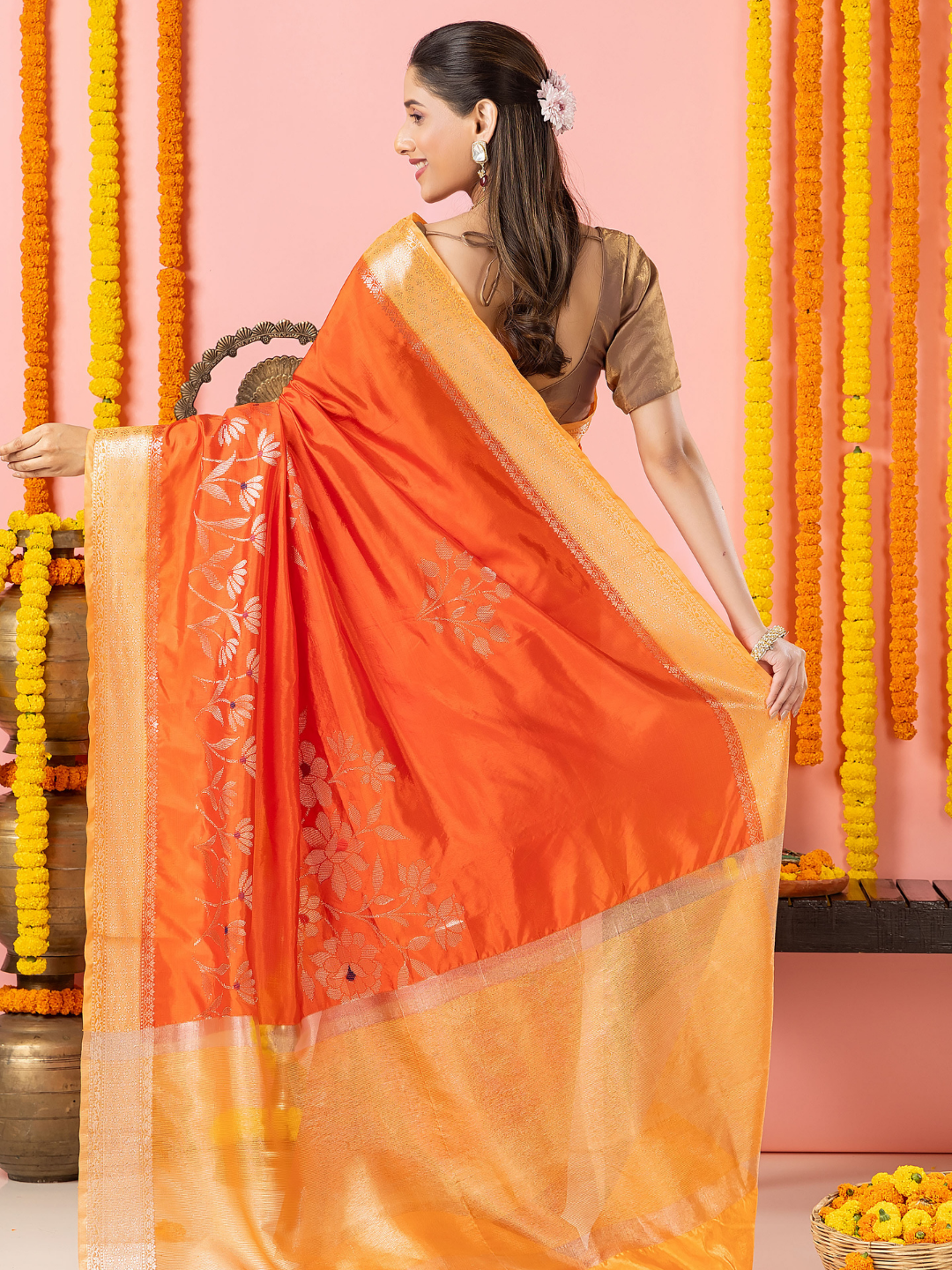 Classic Benarasi Katan Semi Silk Saree | Bright Orange