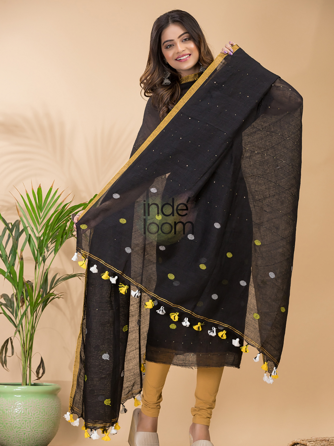 Off Black Linen X Linen 2-Piece Set Kurti & Dupatta (UNSTITCHED) -096