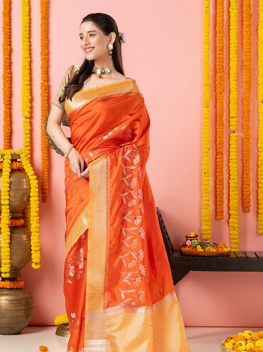Classic Benarasi Katan Semi Silk Saree | Bright Orange