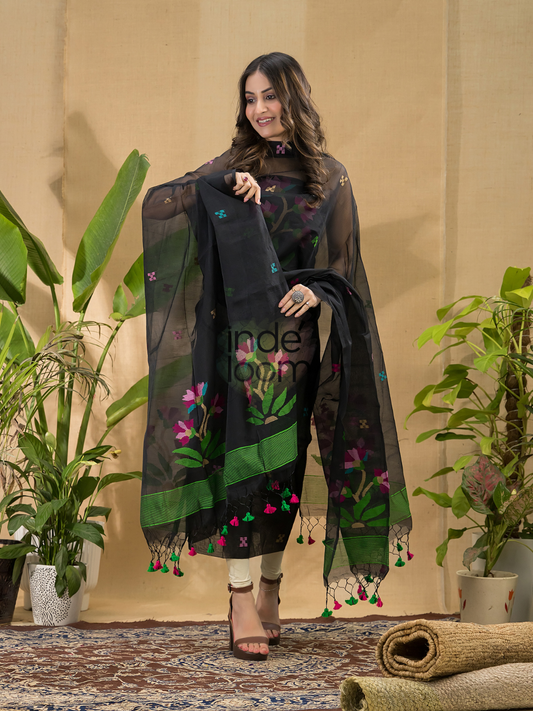 Dark Black Jamdani 2-Piece Set Kurti & Dupatta (UNSTITCHED) -762