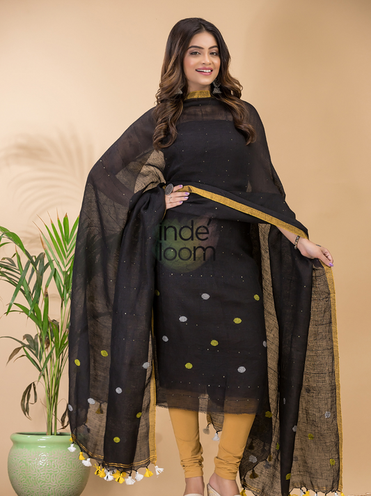 Handwoven Jamdani Linen Unstitched 2-piece Kurti  |  Midnight Black