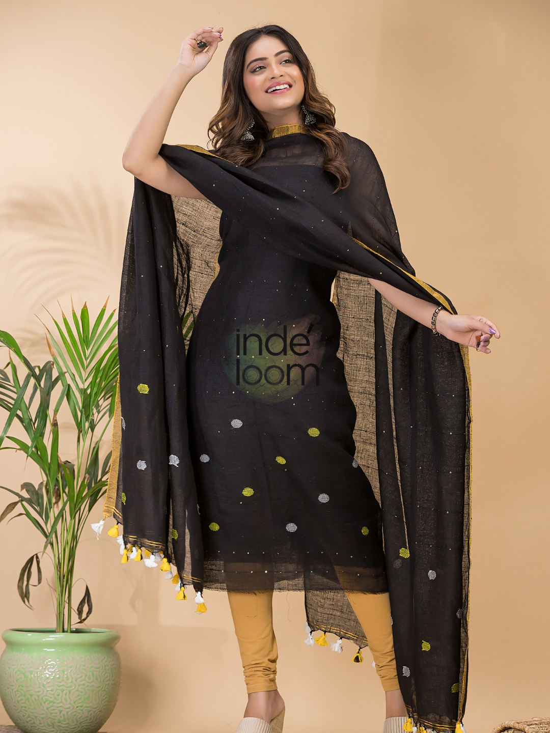 Off Black Linen X Linen 2-Piece Set Kurti & Dupatta (UNSTITCHED) -096