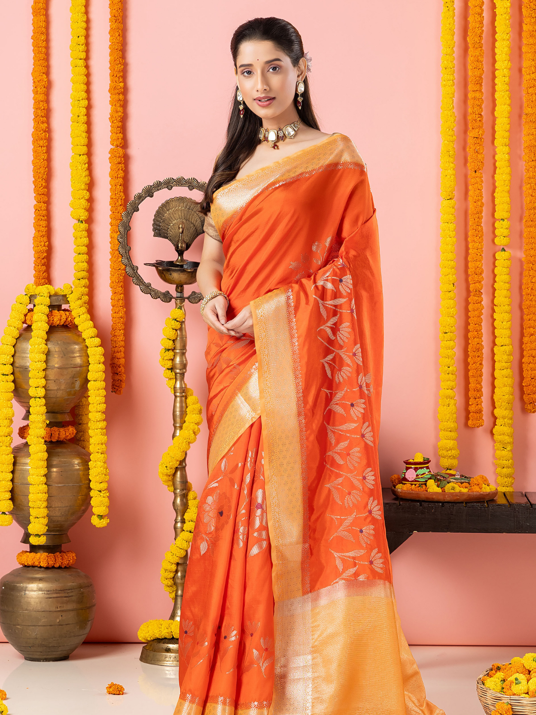 Classic Benarasi Katan Semi Silk Saree | Bright Orange