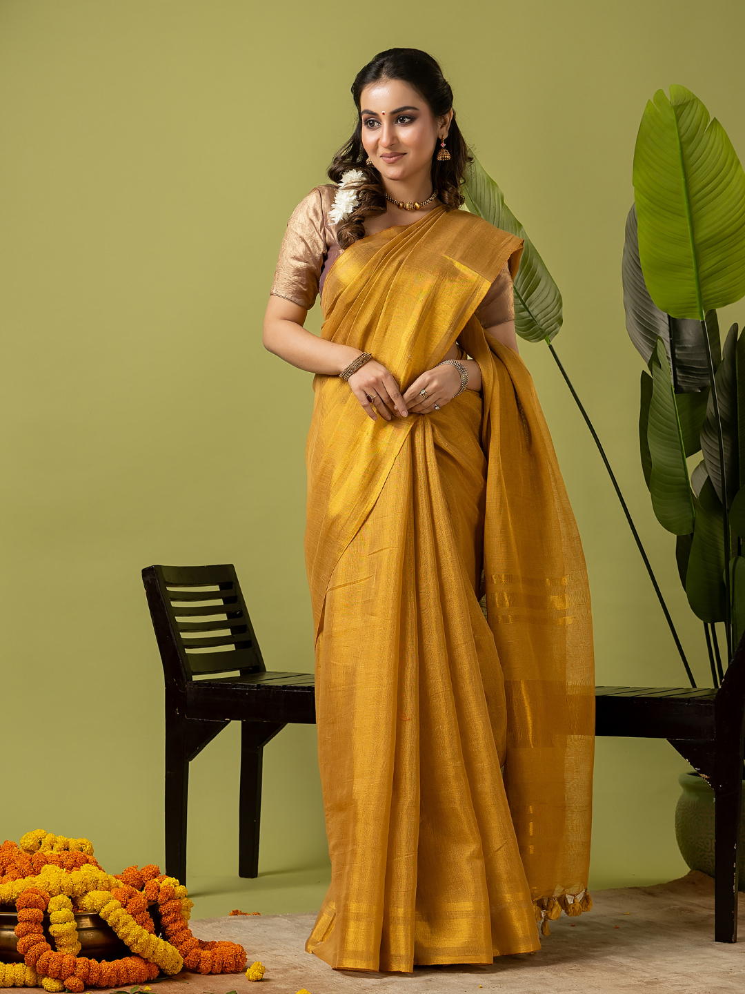 Pure Handloom Linen Saree | Golden Yellow  and Yellow  | Half and Half style with Contrast Border