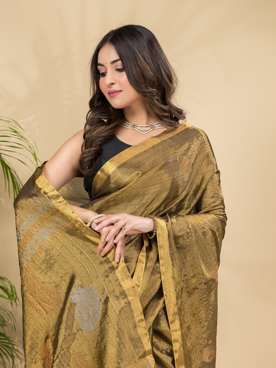 Tissue Silk Saree With Golden Brown - 029