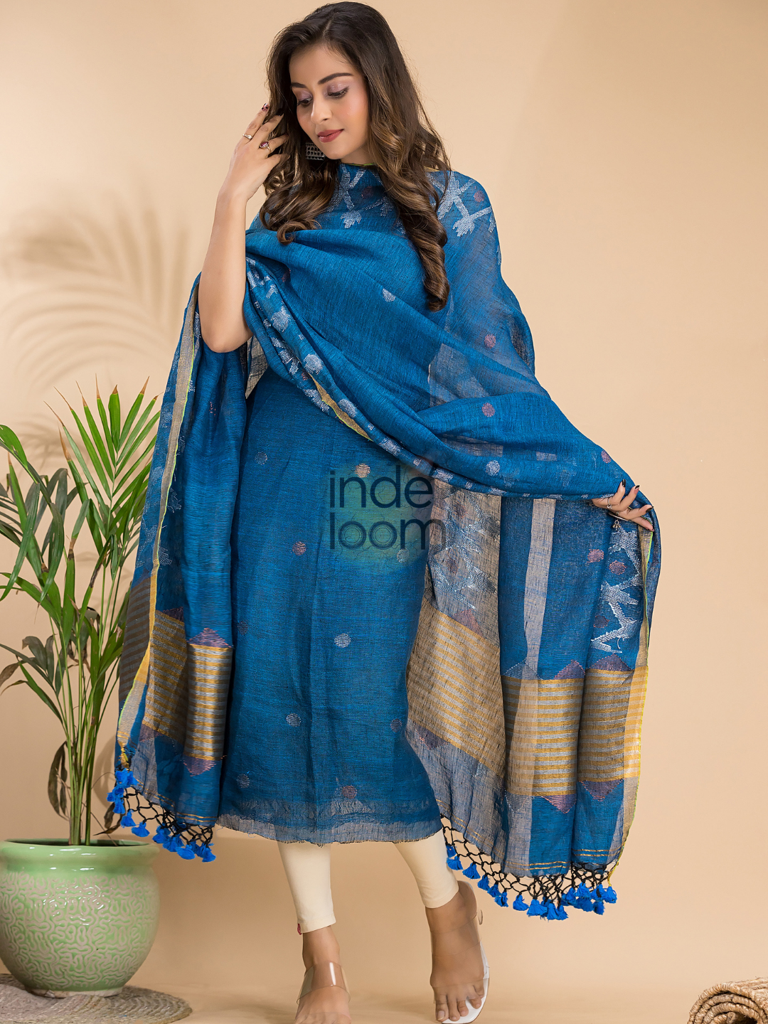 Royal Blue Linen X Line 2-Piece Set Kurti & Dupatta (UNSTITCHED) - 007