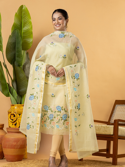 Classic Kota Doria Cotton Unstitched 2-Piece Kurti | Lemon Yellow