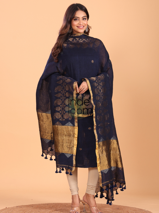 Dark Blue Linen Jamdani 2-Piece Set Kurti & Dupatta (UNSTITCHED) - 070