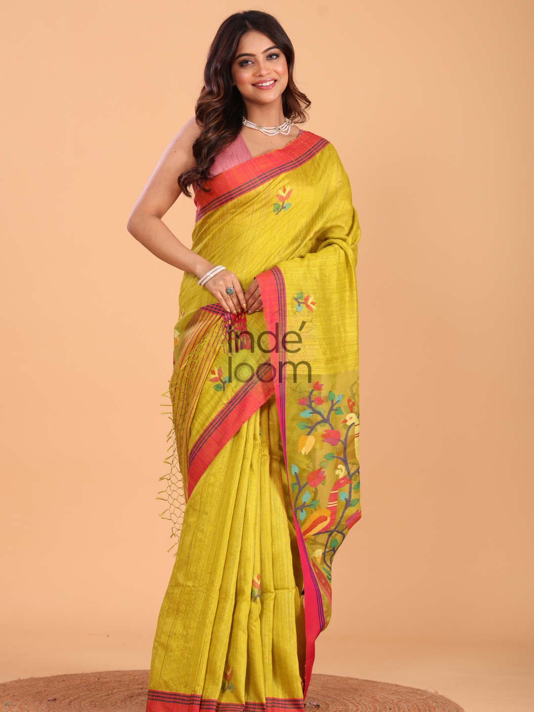 Silk Saree With Neon Yellow - 138