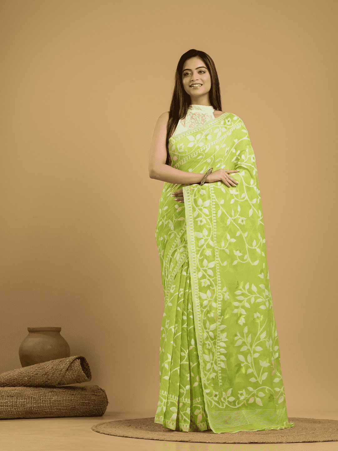 Cotton Silk Jamdani Saree With Pear green - 007