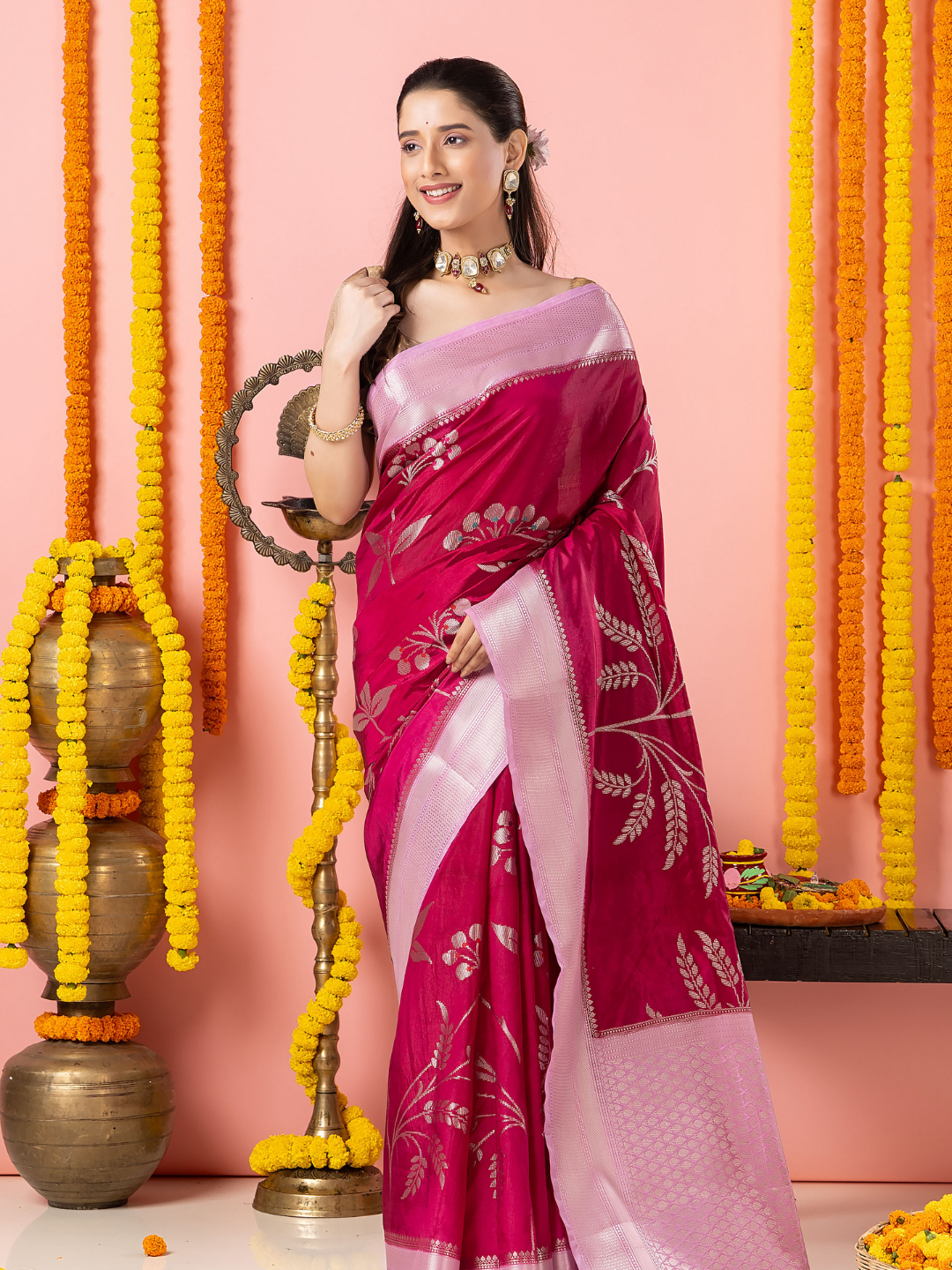 Classic Benarasi Semi Silk Saree | Magenta Pink