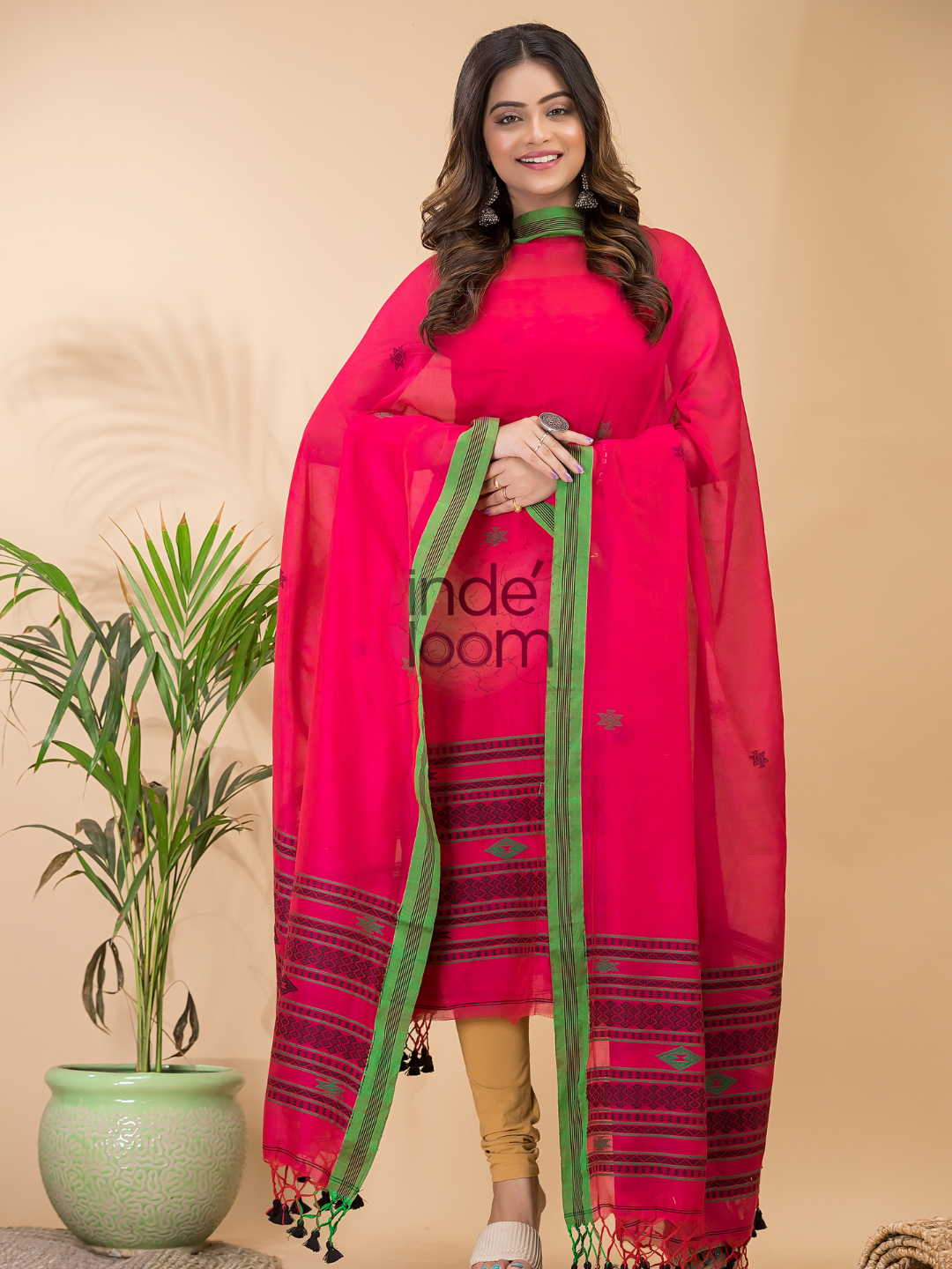 Chilli Red Mercerized Cotton 2-Piece Set Kurti & Dupatta (UNSTITCHED) -098
