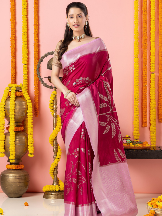 Classic Benarasi Semi Silk Saree | Magenta Pink