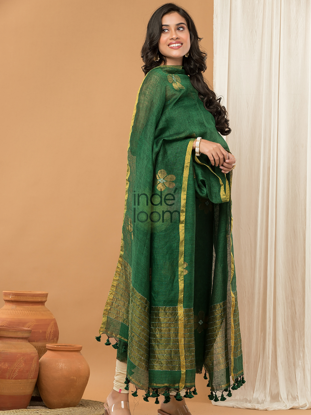 Pine Green color Jamdani 2-Piece Set Kurti & Dupatta (UNSTITCHED) - 144