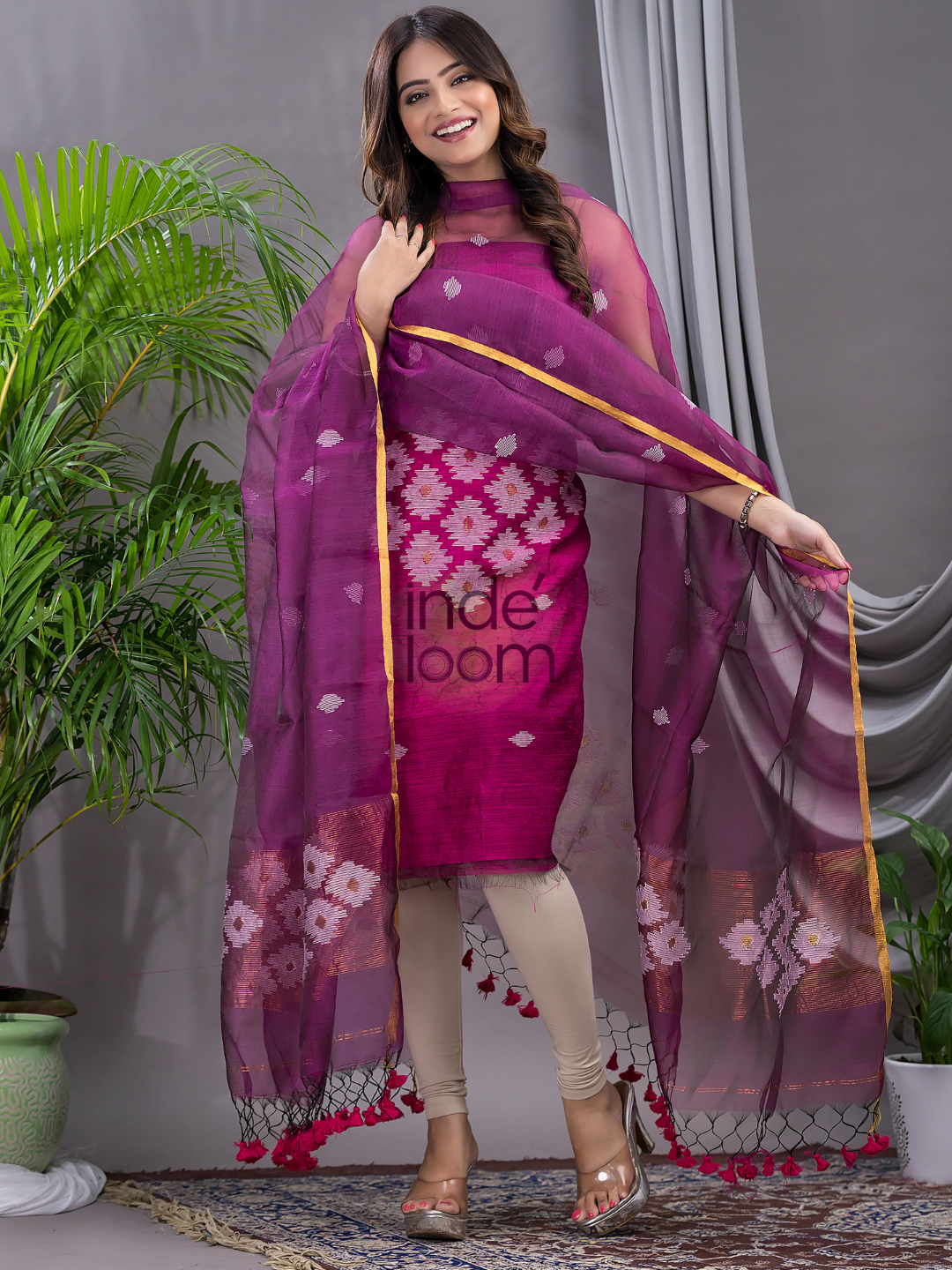 Orchid Purple Matka Jamdani 2-Piece Set Kurti & Dupatta (UNSTITCHED) - 107