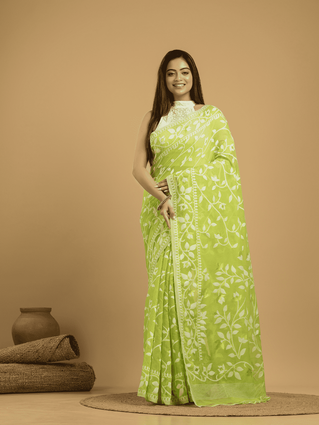 Cotton Silk Jamdani Saree With Pear green - 007