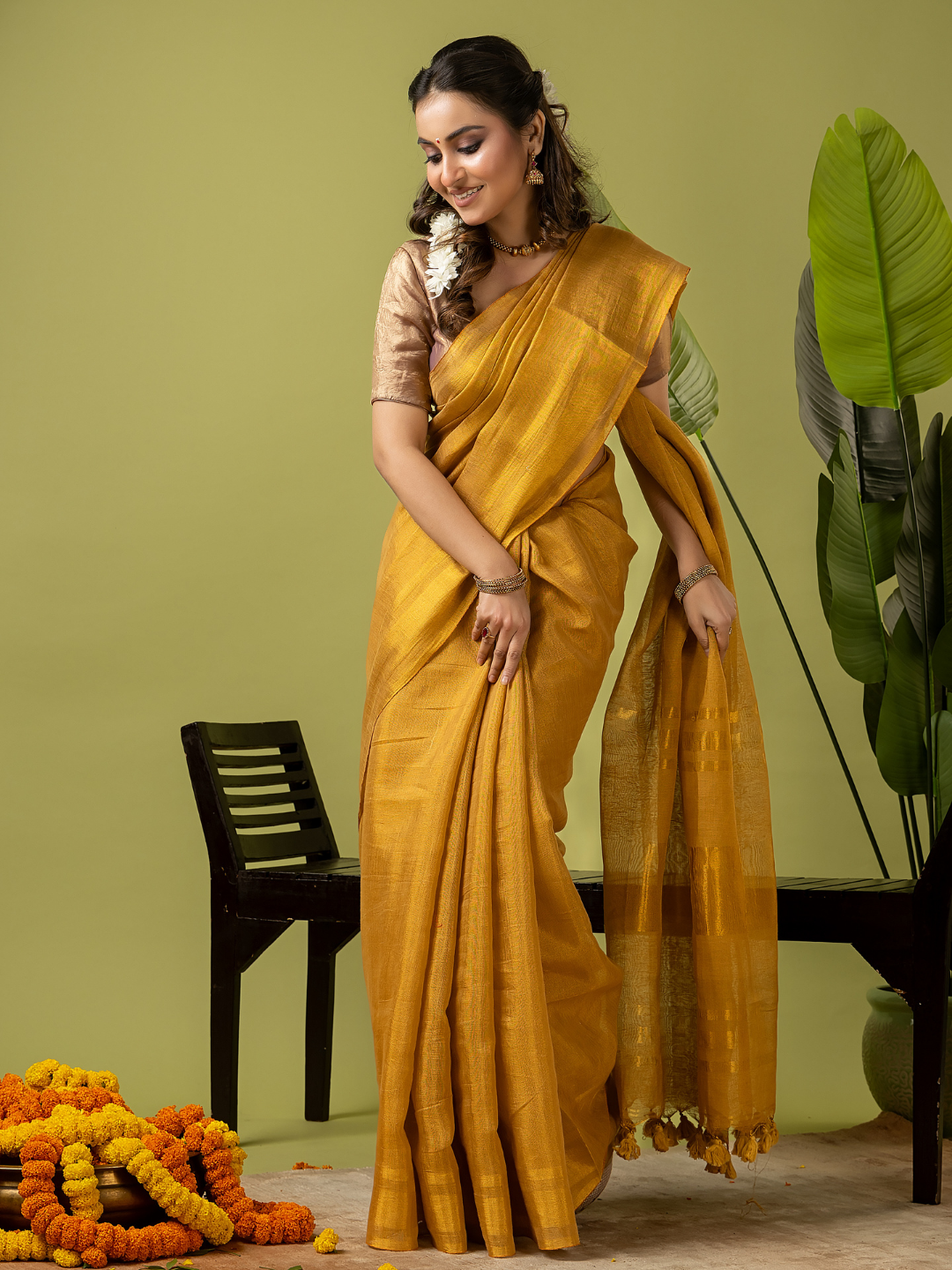 Pure Handloom Linen Saree | Golden Yellow  and Yellow  | Half and Half style with Contrast Border
