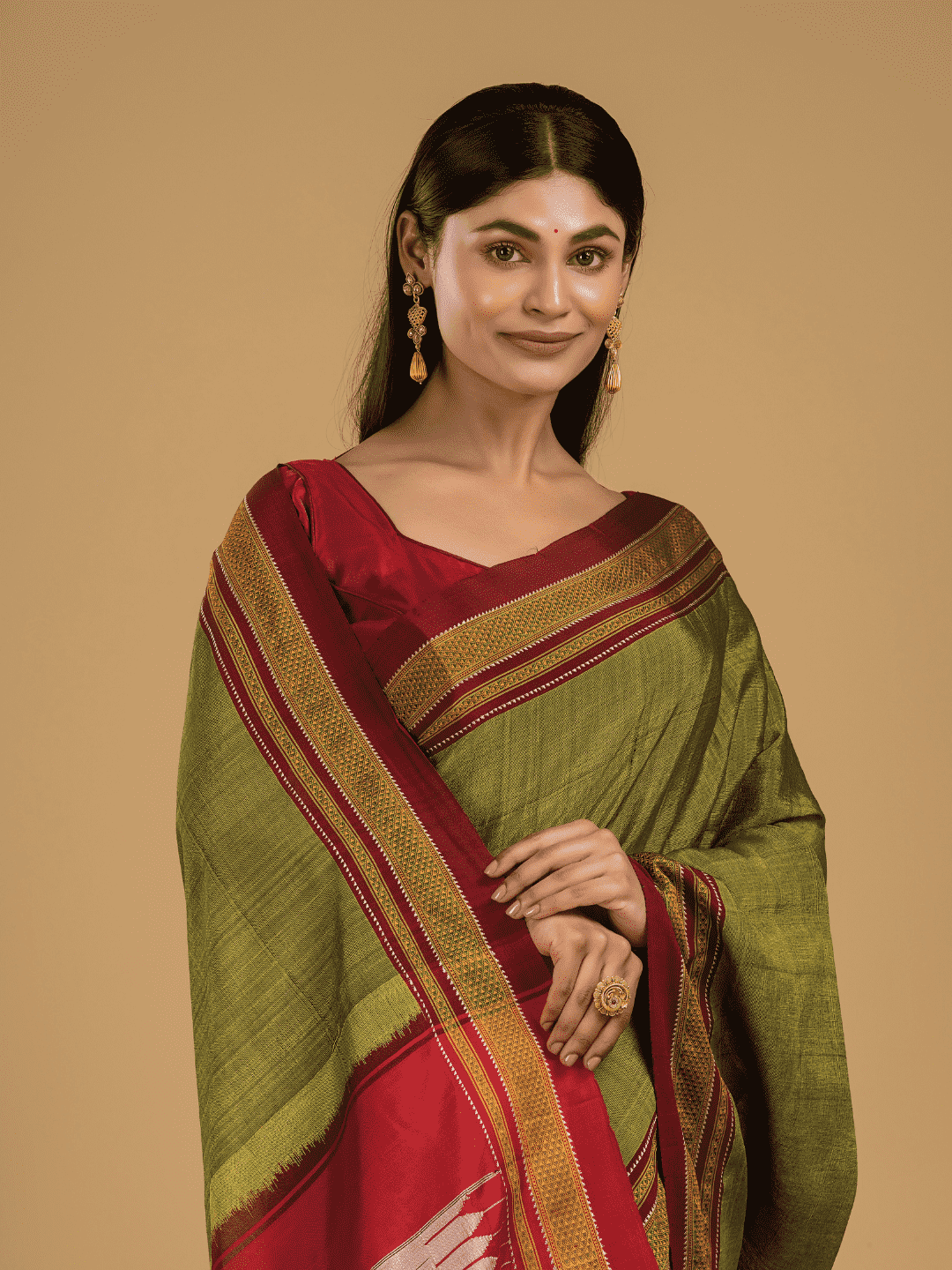 Pure Ilkal Saree With Olive Greenand Red Border - 048